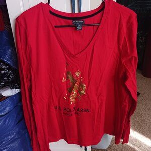 XXL US Polo Assn. Womens Long Sleeve Red & Gold Foil V-Neck Tee Shirt